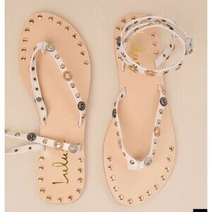 Lulu’s Brydone Bone Studded Ankle Strap Flat Thong Sandals SZ 7.5
